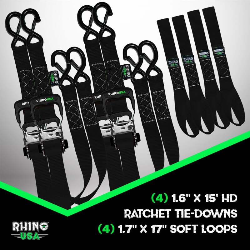 Rhino USA Heavy Duty Ratchet Tie-Down 4-Pack – 1.6 Inch x 15 Feet, Black