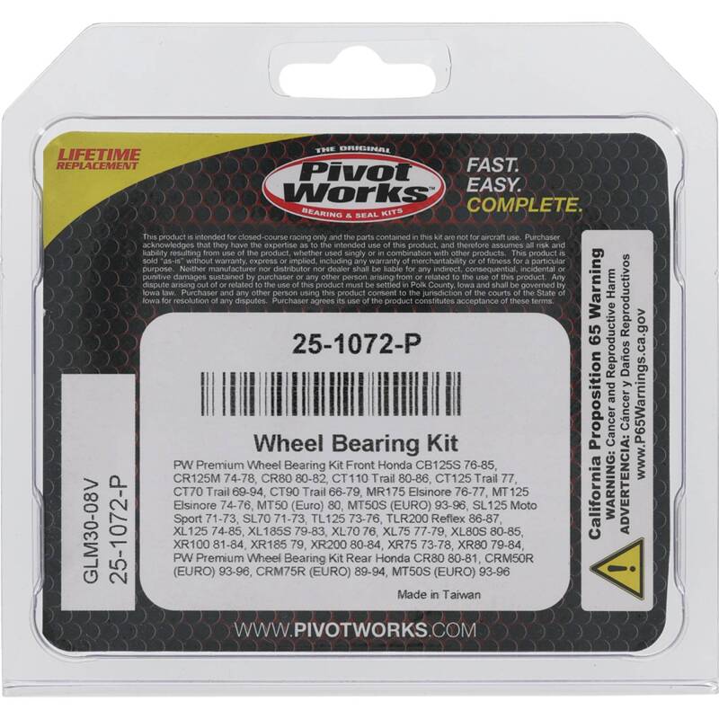 Pivot Works Premium Wheel Bearing Kit Part Number 25-1072-P for Honda XR and XL Models