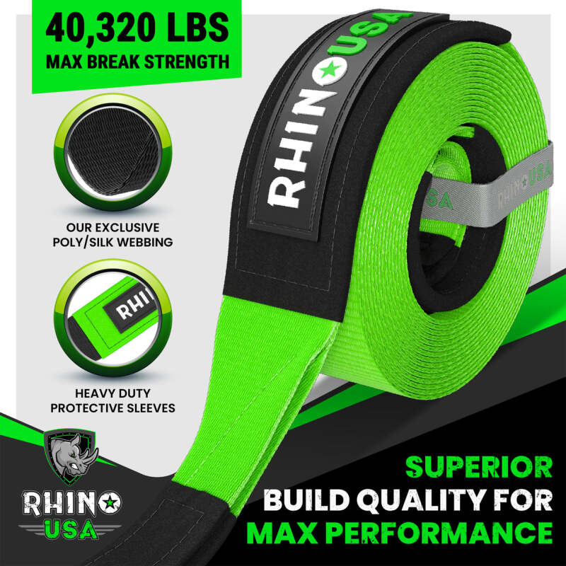 Rhino USA Recovery Tow Strap 4 Inch x 30 Feet – Heavy Duty Green Power Sports Tow Rope