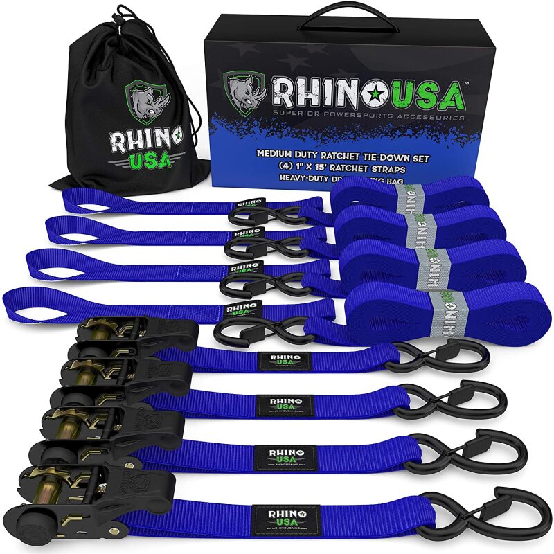 Rhino USA Medium Duty Ratchet Strap Tie-Down 4-Pack (Blue) – Heavy-Duty PowerSports Cargo Securement