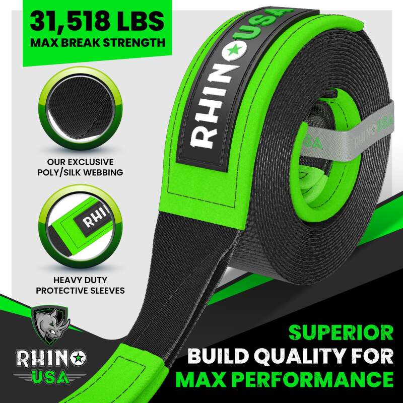 Rhino USA Recovery Tow Strap 3 in x 20 ft, Heavy-Duty Black Power Sports Tow Rope