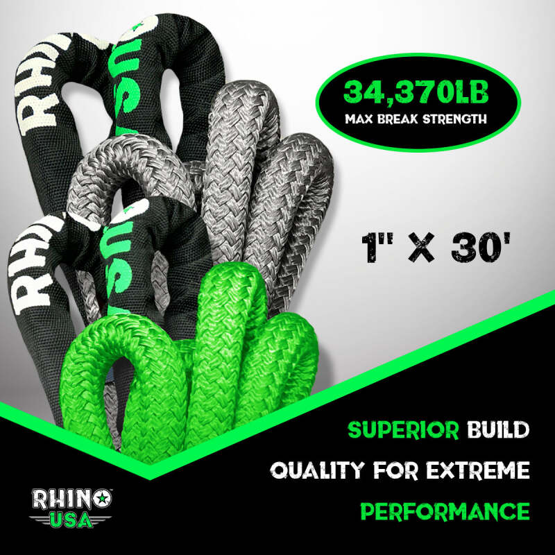 Rhino USA Kinetic Energy Recovery Rope (1 inch x 30 feet) Gray - Heavy Duty Towing Rope with 34,370 lbs Break Strength