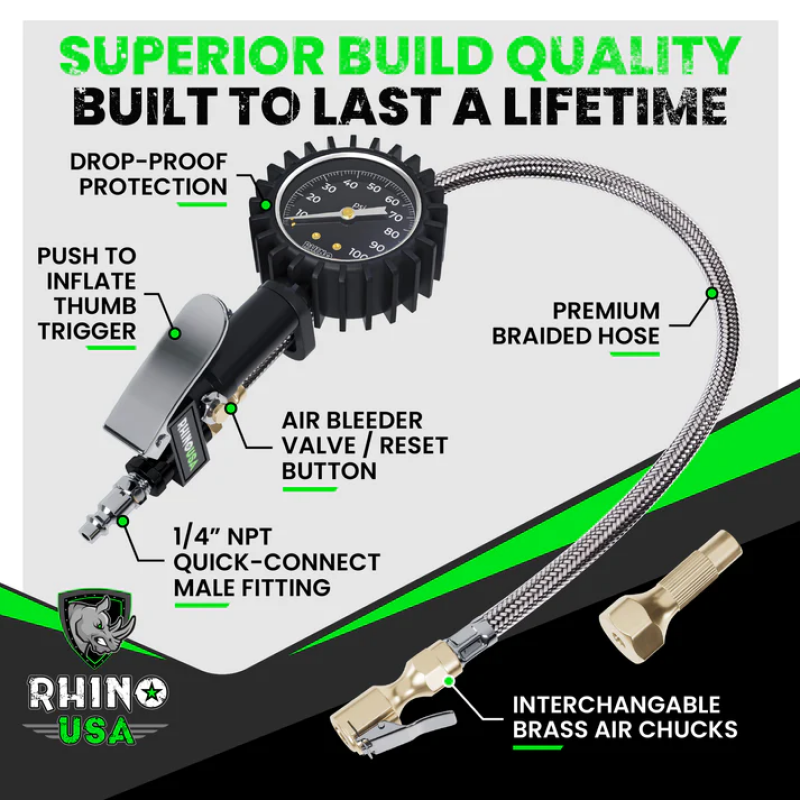 Rhino USA 100 PSI Analog Tire Inflator Gauge for Powersports Vehicles