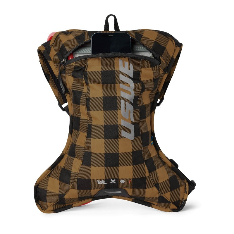 USWE Outlander Hydration Pack 2L - Flannel Bronze and Black, Lightweight Race Backpack with No Dancing Monkey™ Harness