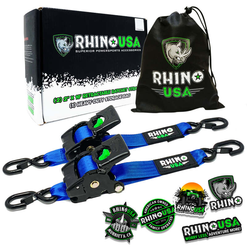Rhino USA Retractable Ratchet Straps 2-Pack 2 Inch x 10 Feet Blue - Durable and Easy to Use