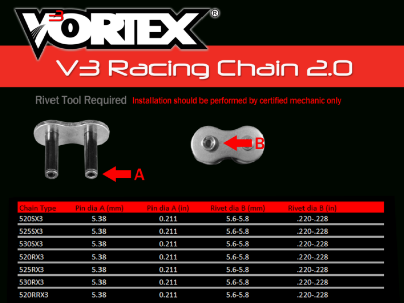 Vortex Racing V3 2.0 Master Link Rivet Chain for Street Motorcycles - Part 525SX3-RCL