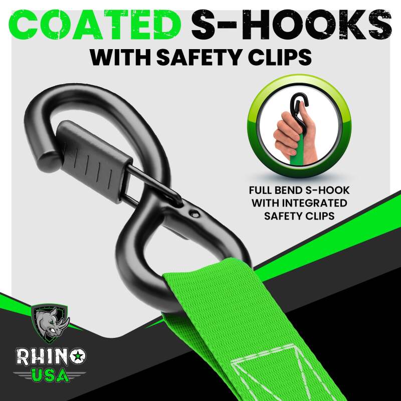 Rhino USA Medium Duty Ratchet Strap Tie-Down 4-Pack - Black, 1,823 lbs Break Strength with Safety Clips and Velcro Securing Straps