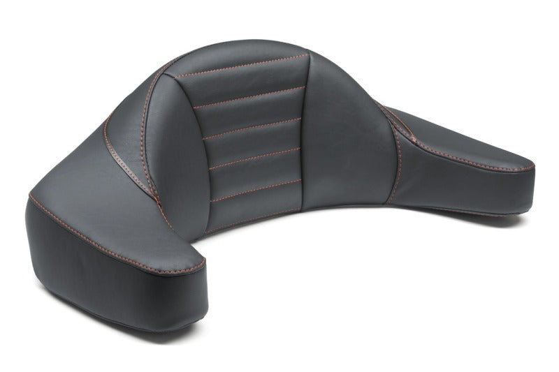Mustang Motorcycle 93-13 HD FL Super Touring Extended Arm Wrap-Around Passenger Backrest Deluxe in Black with Red Stitching