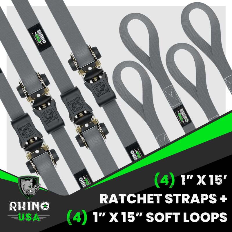 Rhino USA Medium Duty Ratchet Strap Tie-Down 4-Pack (Gray) - RCHT-4PACK-GRY