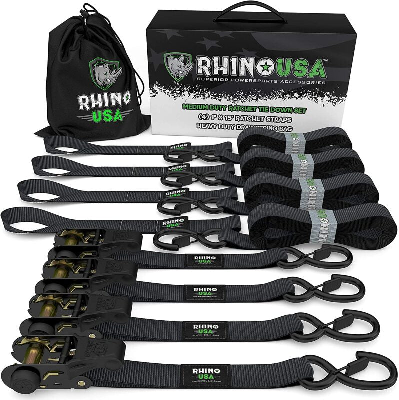 Rhino USA Medium Duty Ratchet Strap Tie-Down 4-Pack - Black, 1,823 lbs Break Strength with Safety Clips and Velcro Securing Straps