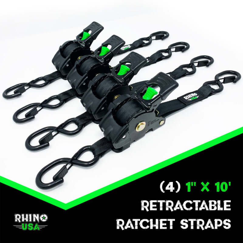 Rhino USA Retractable Ratchet Straps 4-Pack 1 Inch x 10 Feet, Gray – Heavy Duty Tie-Downs for Secure Cargo