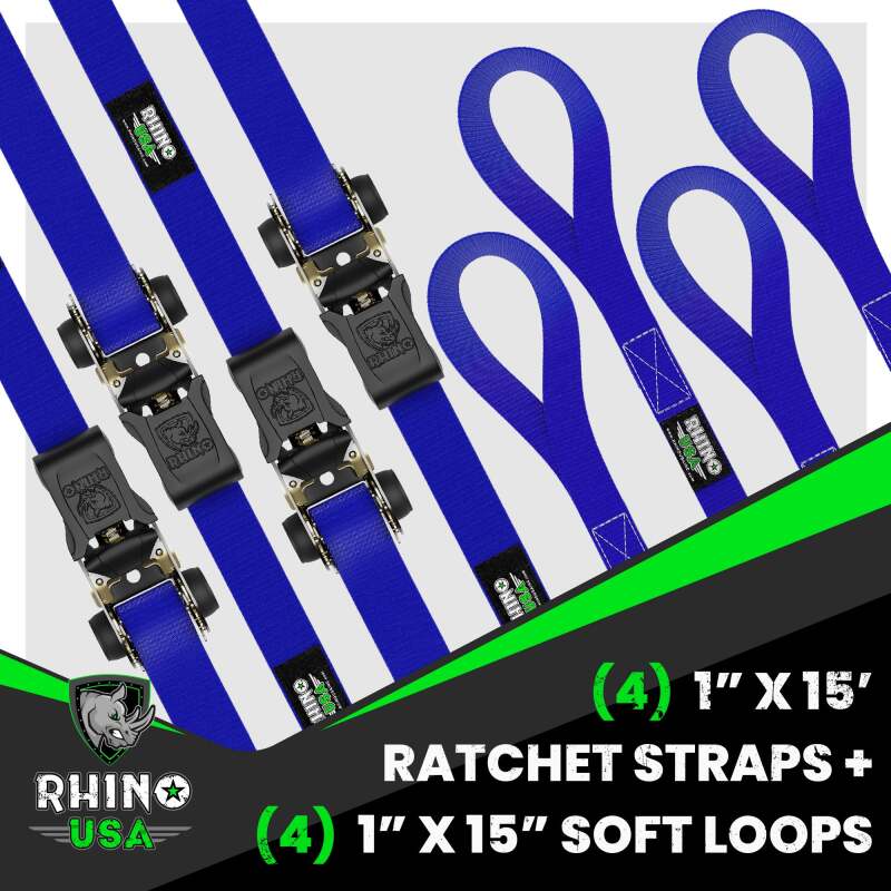Rhino USA Medium Duty Ratchet Strap Tie-Down 4-Pack (Blue) – Heavy-Duty PowerSports Cargo Securement
