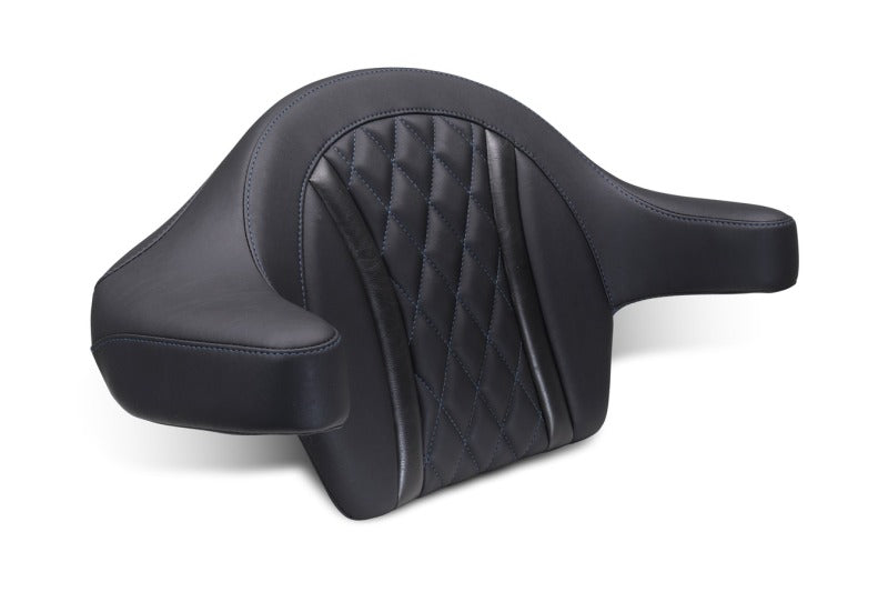 Mustang Motorcycle Deluxe Diamond Touring Wrap-Around Passenger Backrest for Harley CVO Road Glide (2023-2025) with Extended Arms and Sky Blue Stitching