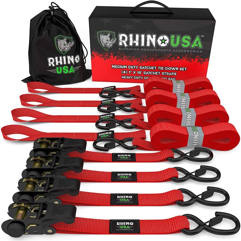 Rhino USA Medium Duty Ratchet Strap Tie-Down 4-Pack (Red) - Secure Your Loads with Confidence