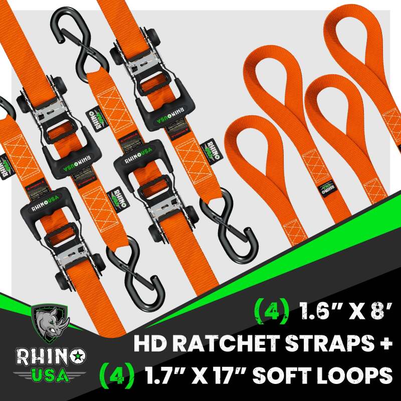 Rhino USA Heavy Duty Ratchet Tie-Down 4-Pack (Orange) - 1.6 Inch x 8 Feet