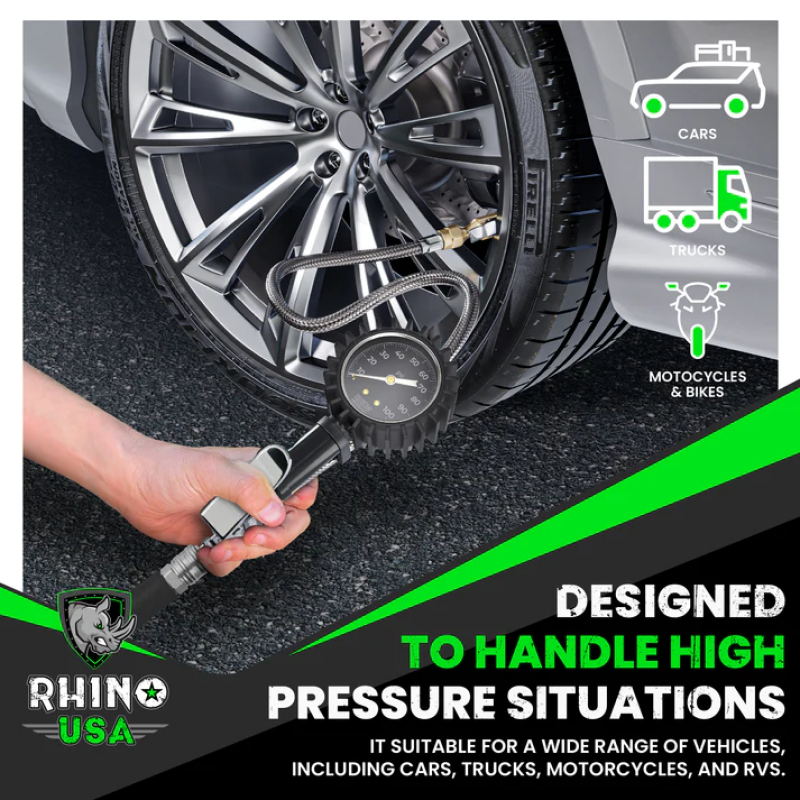 Rhino USA 100 PSI Analog Tire Inflator Gauge for Powersports Vehicles