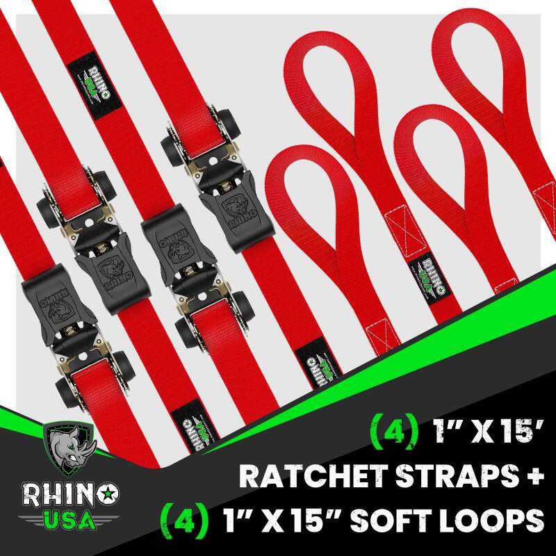 Rhino USA Medium Duty Ratchet Strap Tie-Down 4-Pack (Red) - Secure Your Loads with Confidence