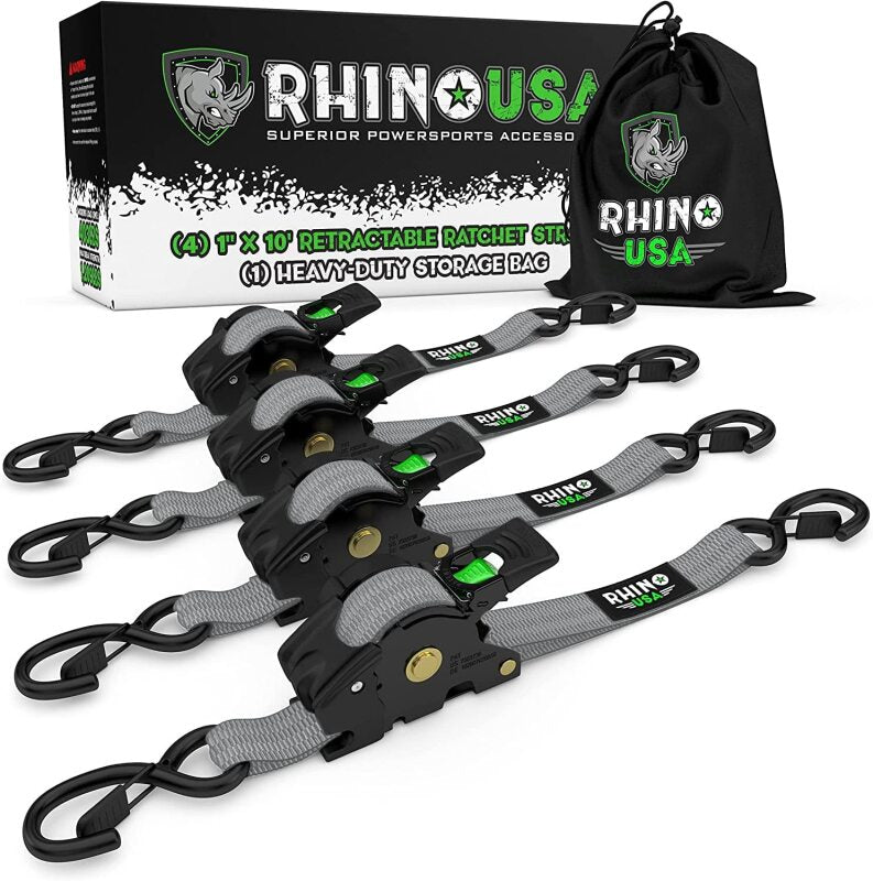 Rhino USA Retractable Ratchet Straps 4-Pack 1 Inch x 10 Feet, Gray – Heavy Duty Tie-Downs for Secure Cargo