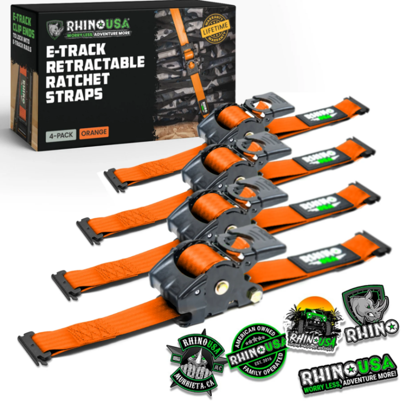 Rhino USA Retractable Ratchet Straps, 2-Pack 1 Inch x 10 Feet, Orange
