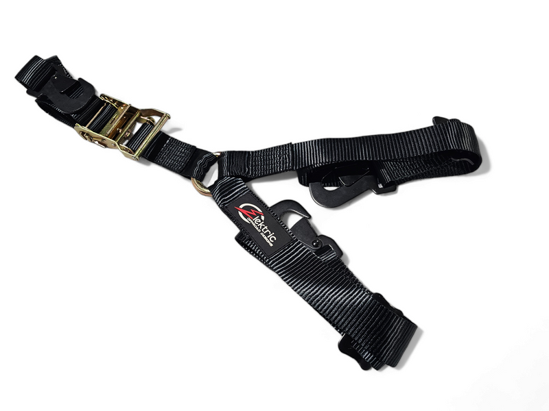Elektric Offroad Tire Y-Strap with Heavy-Duty Ratchet System and Industrial Hook for Secure Tire Mounting