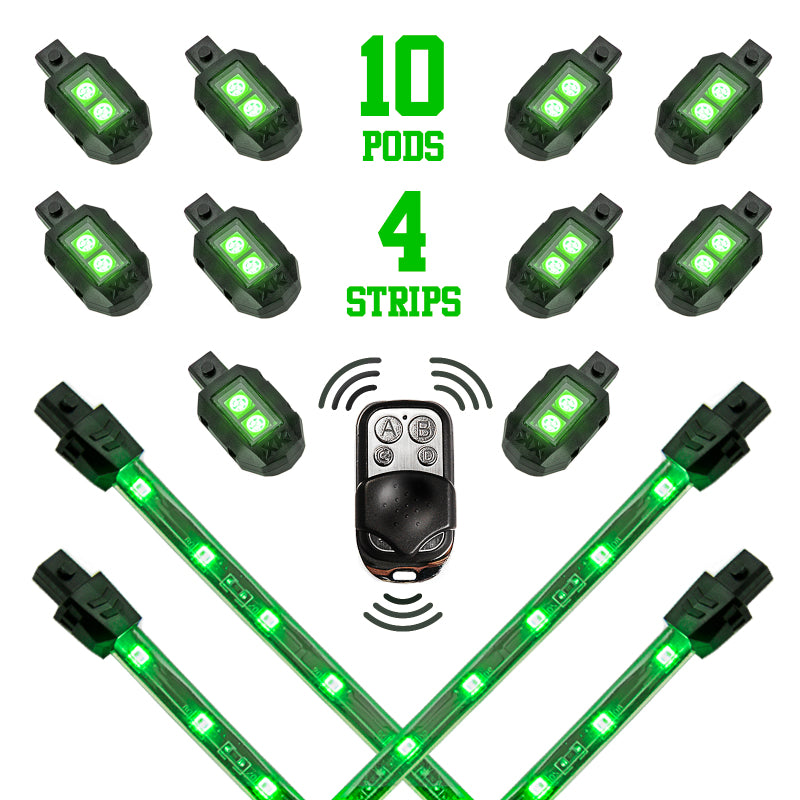 XK Glow Single Color Green LED Accent Light Motorcycle Kit with 10 Pods and 4 Flex Strips