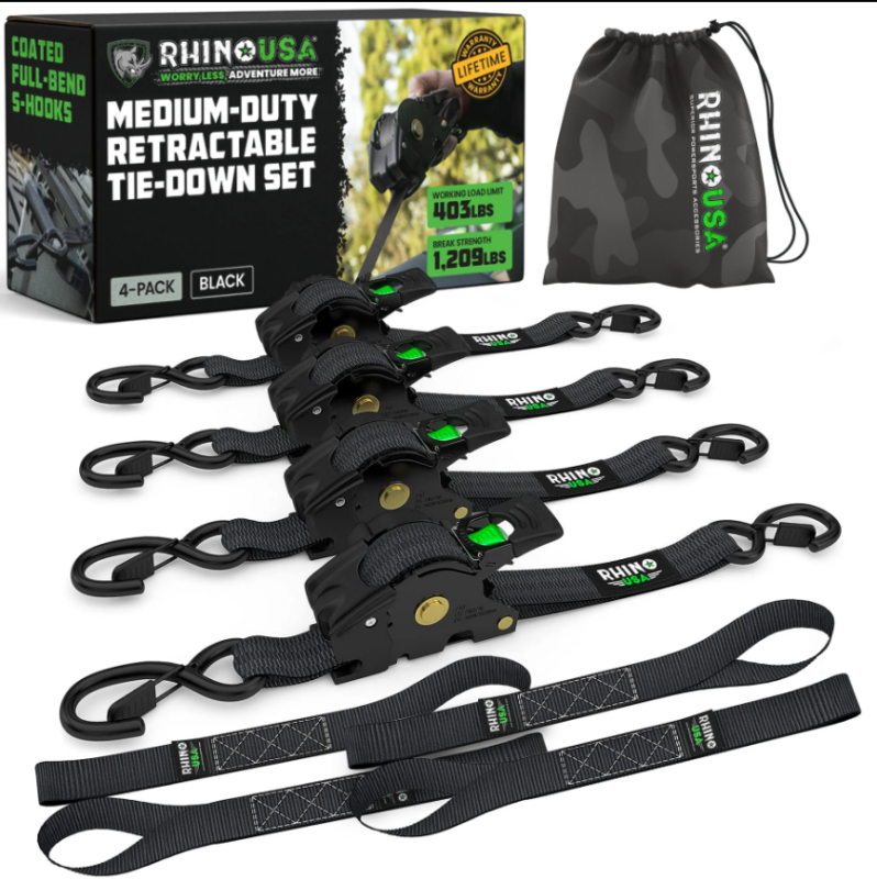 Rhino USA Retractable Ratchet Straps 2-Pack, 1 Inch x 10 Feet, Black
