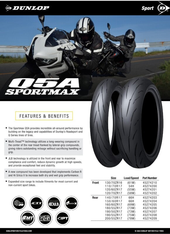 Dunlop Sportmax Q5A Rear Tire - 160/60ZR17 M/C (69W) Tubeless for Sport and Sport Touring Bikes