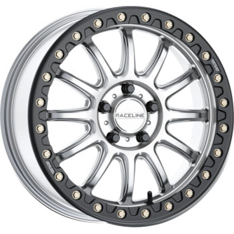 Raceline A14SB Alpha 15-Inch Beadlock Wheel with Silver Finish and Black Ring - 4x137 Bolt Pattern, 10mm Offset