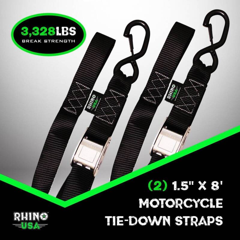 Rhino USA 1.5-inch x 8-foot Cambuckle Motorcycle Tiedown Straps (Green) – 2-Pack