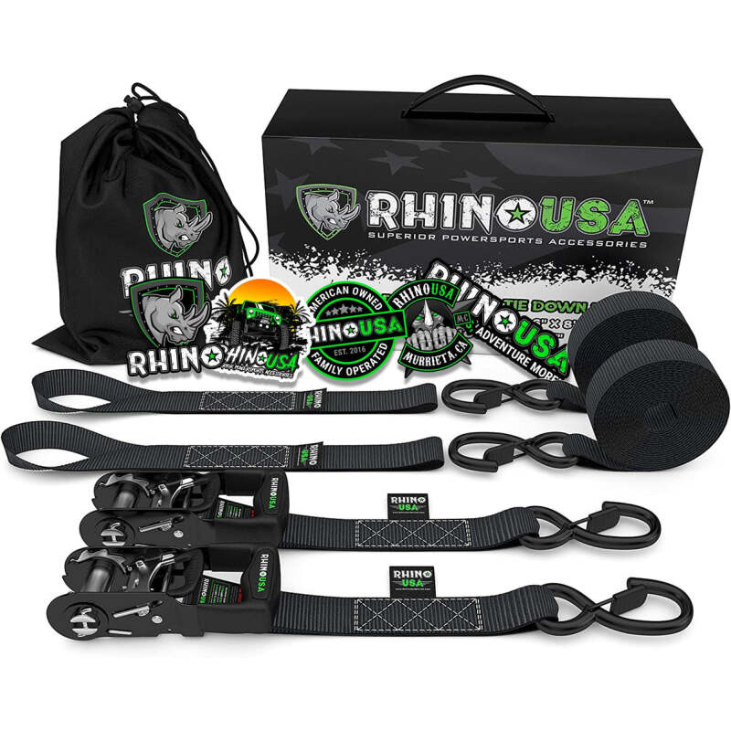 Rhino USA Heavy Duty Ratchet Tie-Downs 2-Pack – 1.6 Inch x 8 Feet, Black