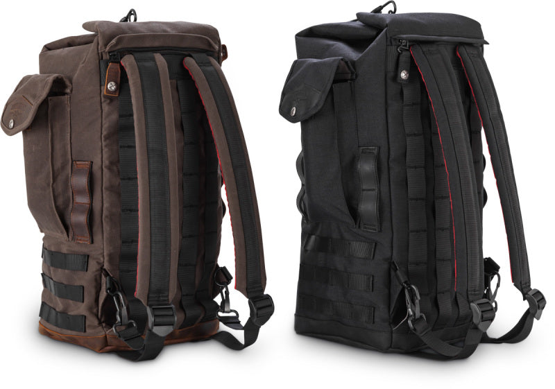 Burly Brand Voyager Sissy Bar Backpack - Dark Oak with Leather Paneling and Multi-Carry Options