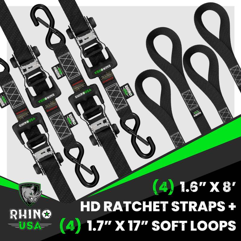 Rhino USA Heavy Duty Ratchet Tie-Down 4-Pack (Black) - 1.6 Inch x 8 Feet
