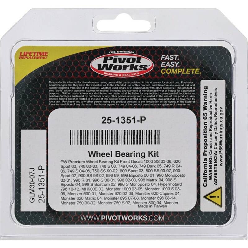 Pivot Works BMW/Ducati/Monster Premium Wheel Bearing Kit Part Number 25-1351-P