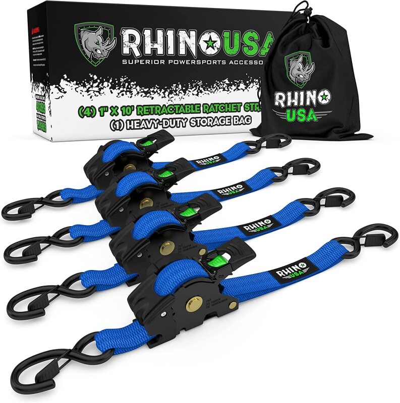 Rhino USA Retractable Ratchet Straps (4 Pack, 1 Inch x 10 Feet) - Blue