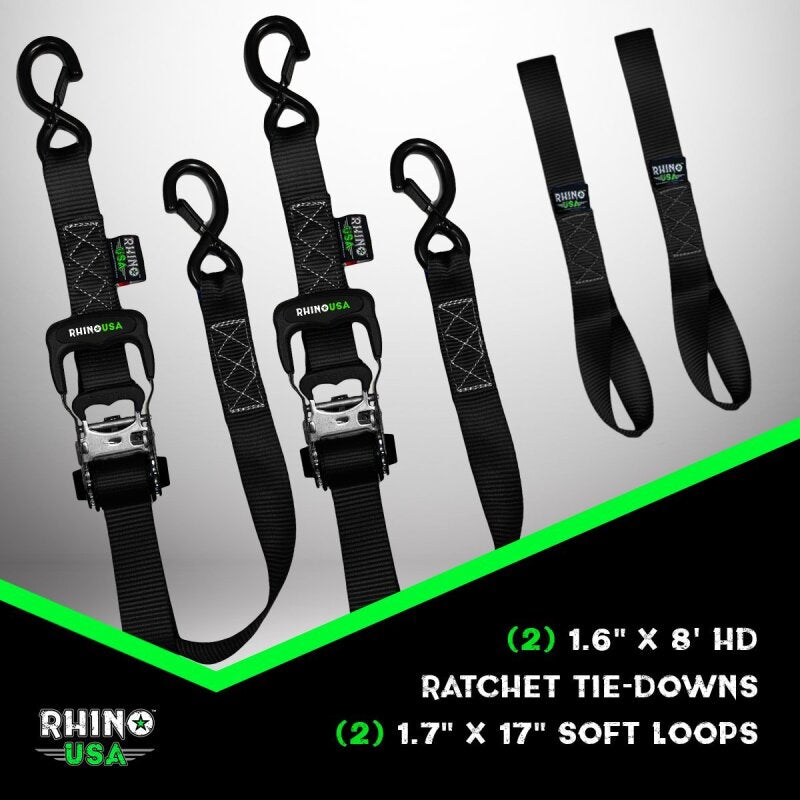 Rhino USA Heavy Duty Ratchet Tie-Downs 2-Pack (Orange) - 1.6 Inch x 8 Feet PowerSports Tie-Downs