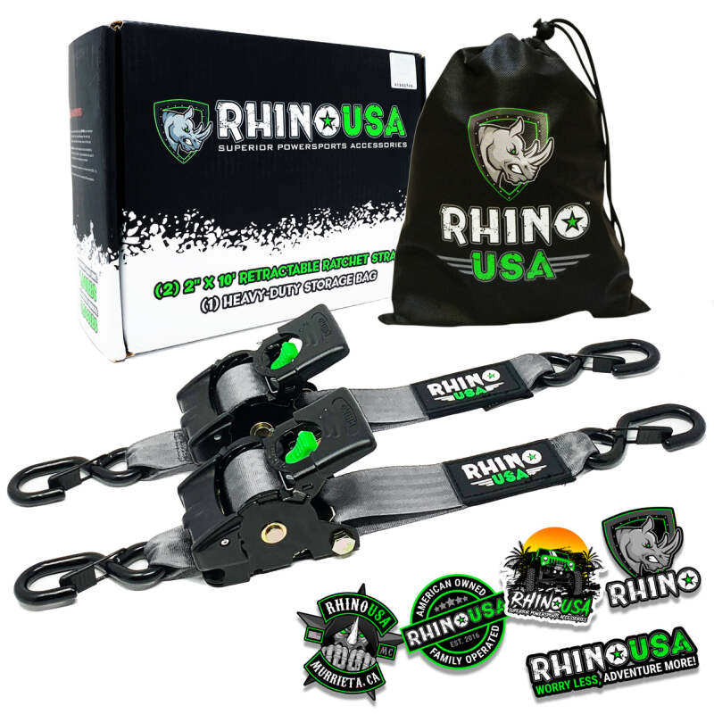 Rhino USA Retractable Ratchet Straps (2 Pack, 2 Inch x 10 Feet) - Gray