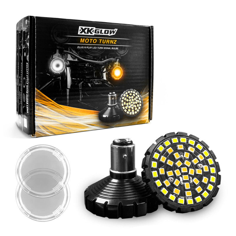 XKGLOW XK1157B-WA-C Motorcycle Front LED Turn Signal Kit with Red Halo Ring for Harley Bullet and Flat Style - Clear Lenses