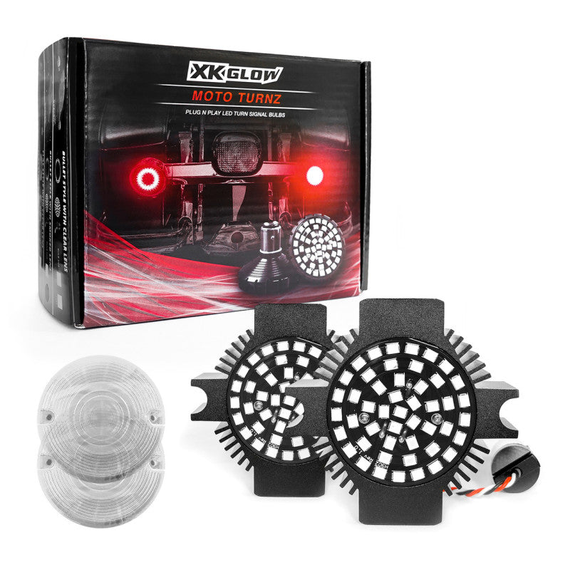 XKGLOW XK1157F-RR-C Motorcycle Rear LED Turn Signal Kit with Red Halo Ring for Harley Flat and Bullet Style Indicators