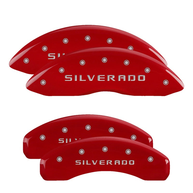 MGP 4 Caliper Covers for Chevrolet Silverado 2019-2024 with Red Powder Coat Finish and Silver Engraved Characters