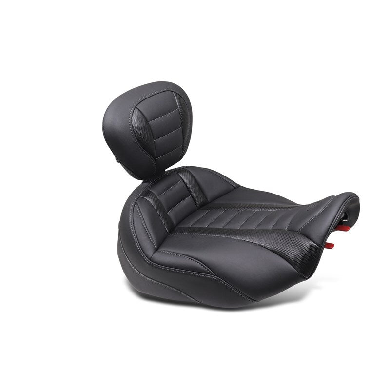 Mustang Motorcycle Touring Deluxe Extended Arm Wrap-Around Backrest for King Tour-Pak® - Black/Gray Stitch (Part #88403GM)