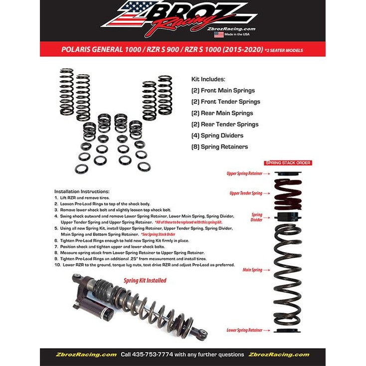 Zbroz Polaris General 1000, RZR S 900/1000 Spring Kit for Fox 2.0 Podium and Walker Evans Shocks 2015-2020 2 Seater