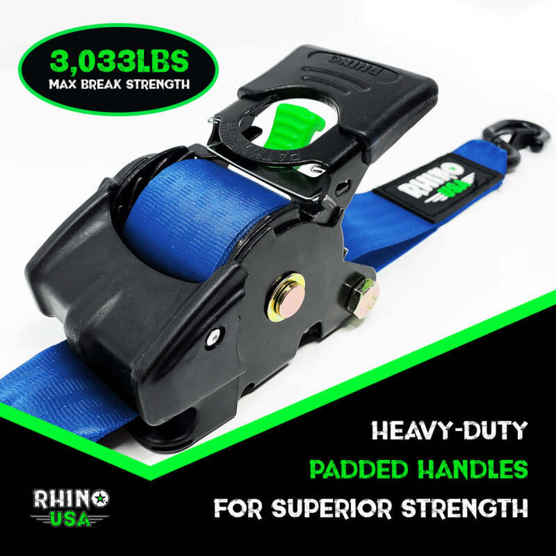 Rhino USA Retractable Ratchet Straps 2-Pack 2 Inch x 10 Feet Blue - Durable and Easy to Use