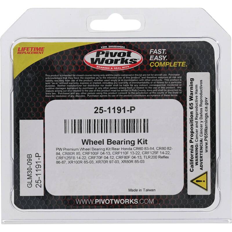 Pivot Works Premium Wheel Bearing Kit for Honda CR80R, XR100R, XR80R (Part #25-1191-P)