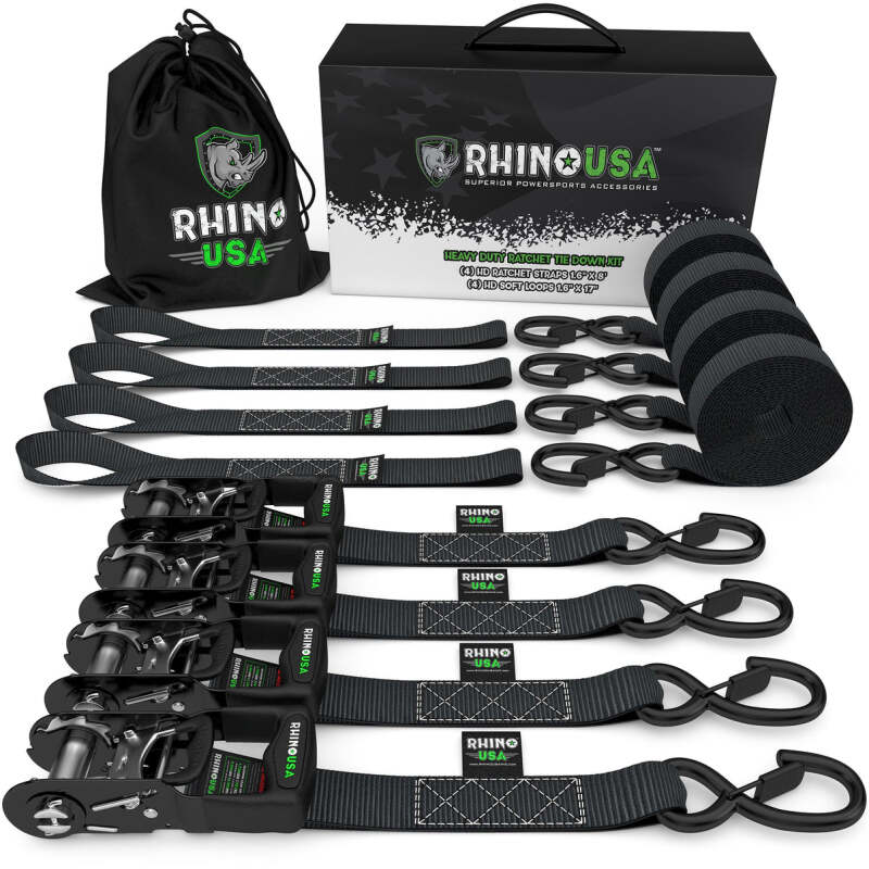 Rhino USA Heavy Duty Ratchet Tie-Down 4-Pack – 1.6 Inch x 15 Feet, Black