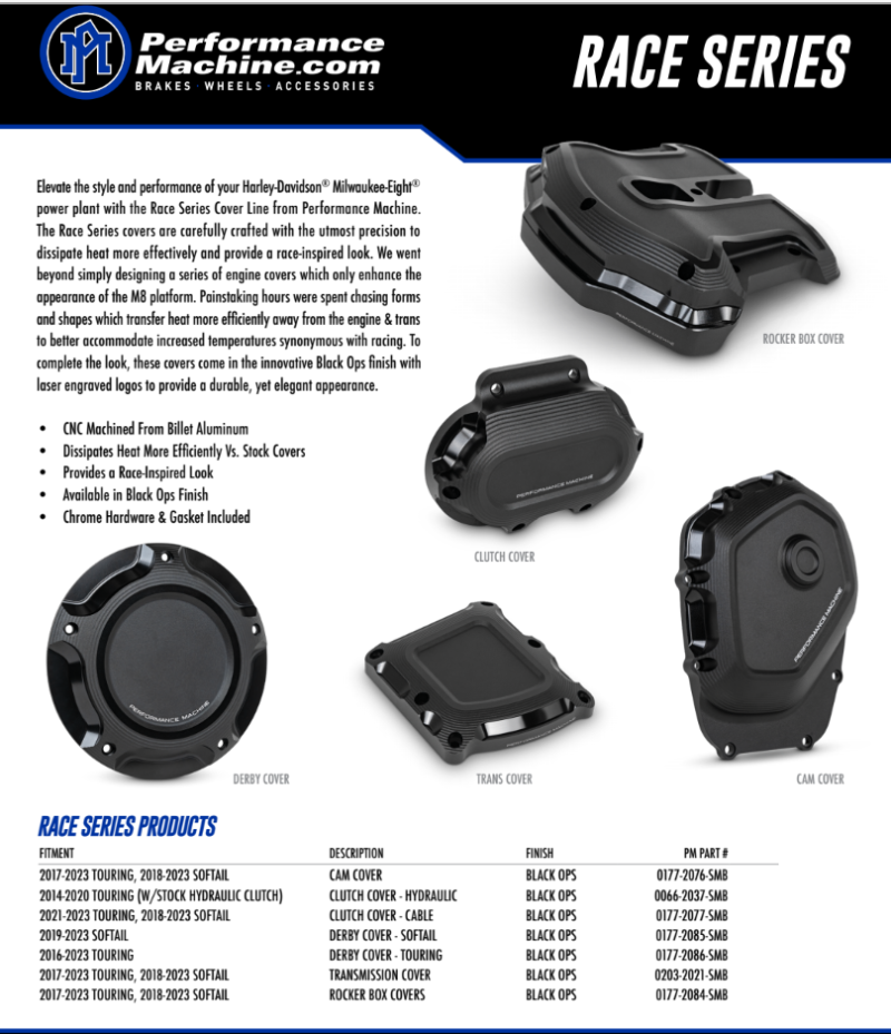 Performance Machine Cable Clutch Cover Race Series Black Ops for Harley-Davidson Milwaukee-Eight Engines