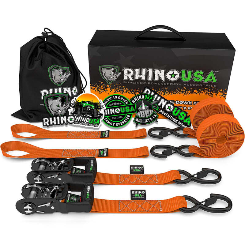 Rhino USA Heavy Duty Ratchet Tie-Downs 2-Pack (Orange) - 1.6 Inch x 8 Feet PowerSports Tie-Downs