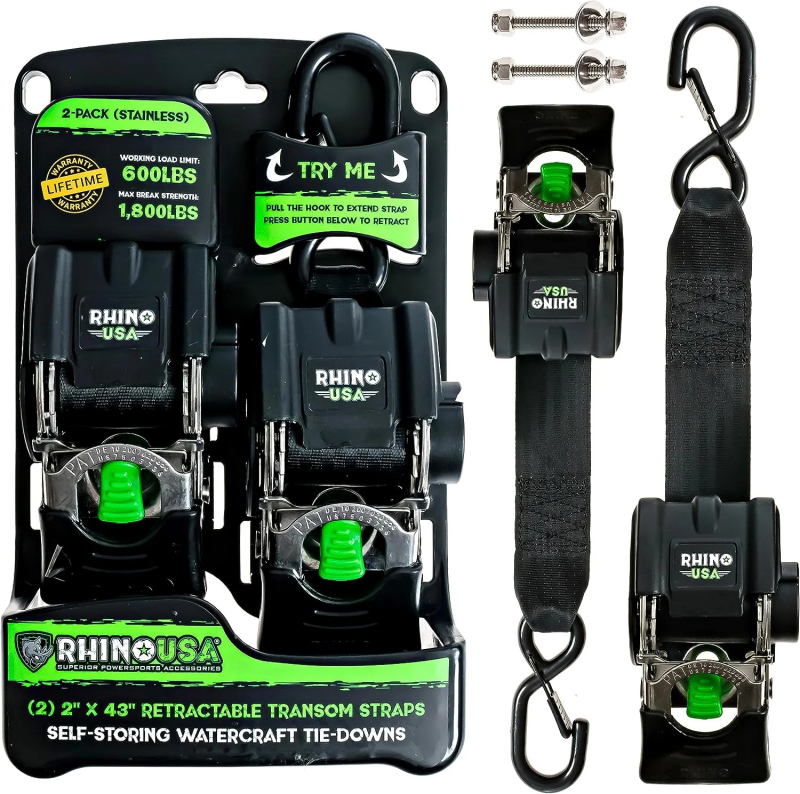 Rhino USA Retractable Transom Straps (2 Pack - Stainless Steel) for Powersports Boats