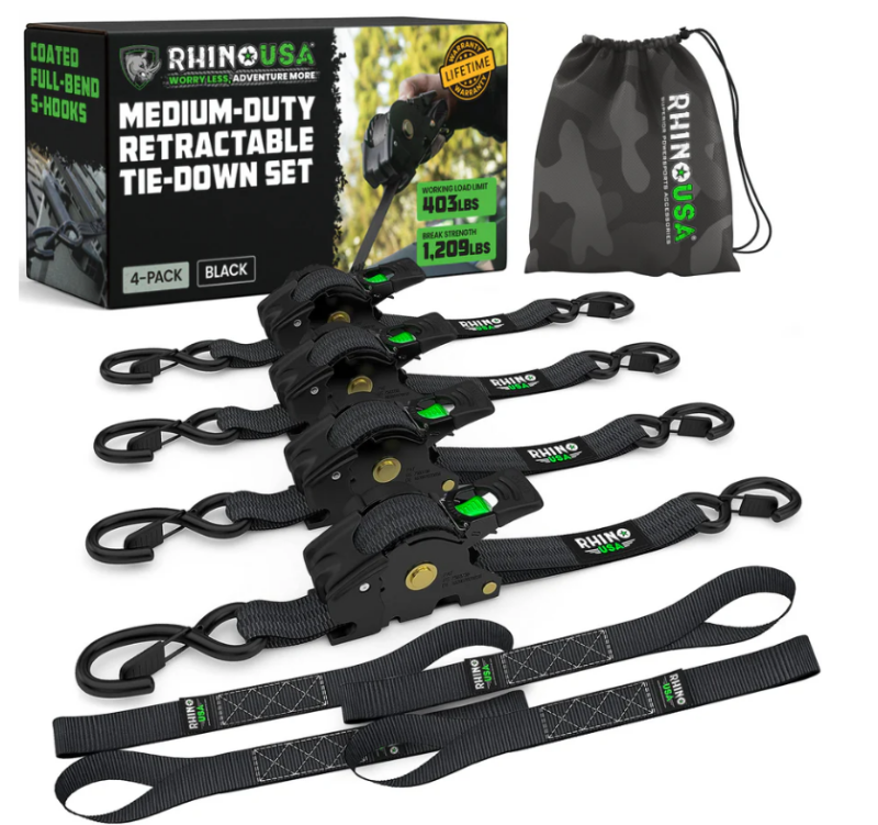 Rhino USA Retractable Ratchet Straps 4-Pack, 1 Inch x 10 Feet (Black) for Secure Cargo Tie-Downs