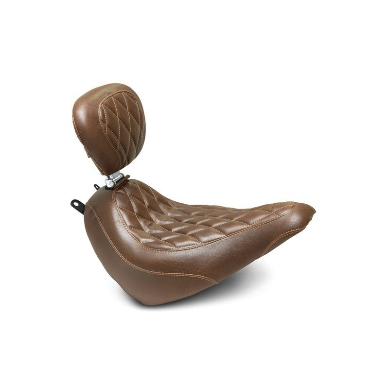 Mustang Motorcycle Wide Tripper Solo Seat with Driver Backrest for Harley Heritage Classic and Deluxe Models (2018-2021) - Brown
