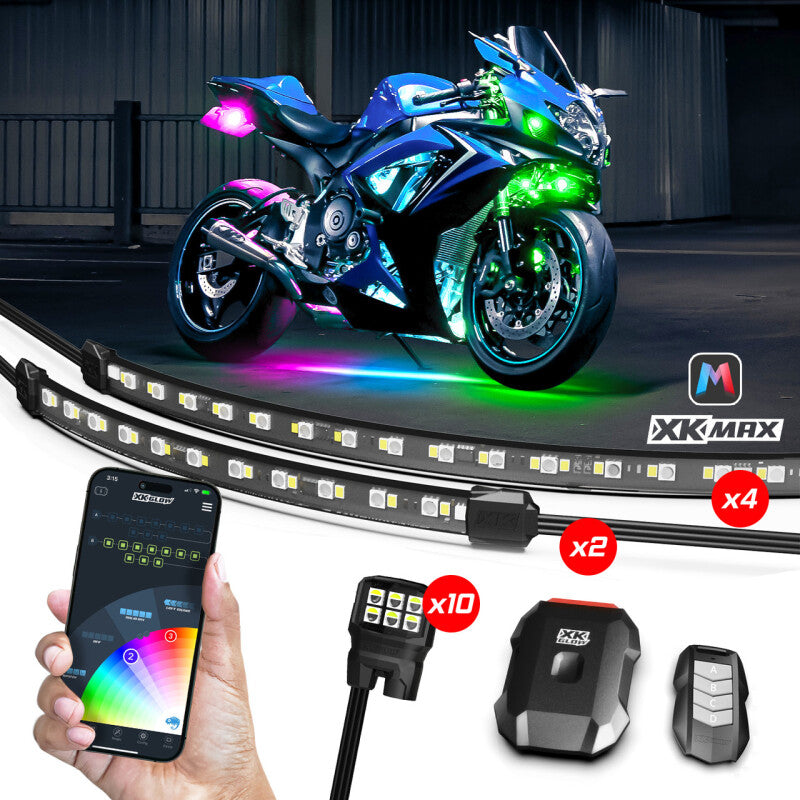 XKGLOW XKmax RGBW Motorcycle Underglow Light Kit – Customizable RGB and White LED Underbody Lighting for Bikes